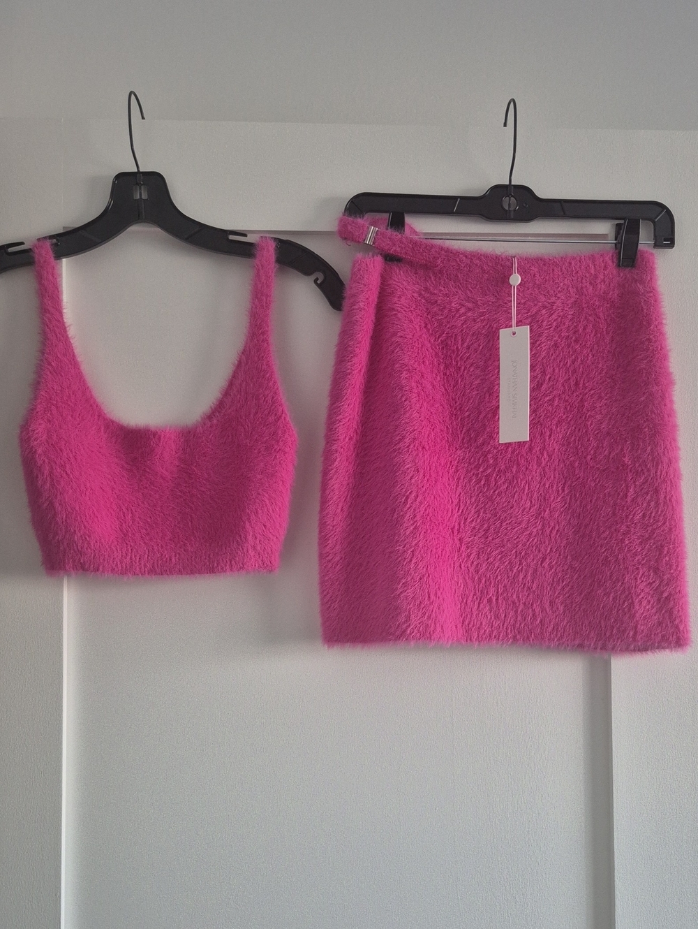 NWT Jonathan Simkhai Hot Pink Fuzzy Knit Set- Crop Top Mini Skirt Set, Small